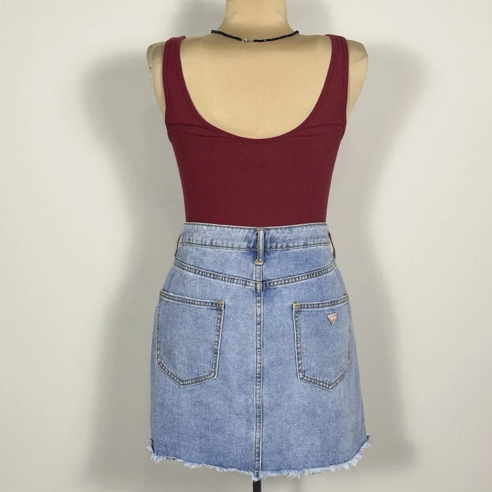 Y2K Guess Jeans Large Mini Denim Skirt Triangle Logo Embellished Trim Distressed